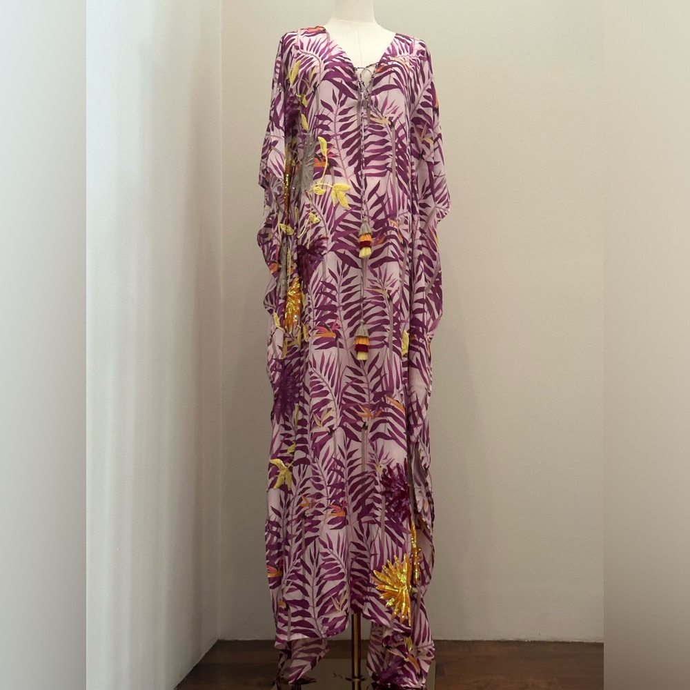 Taj by Sabrina Crippa Beautiful Beaded Lilac Palm Leaf Silk Kaftan -NWT